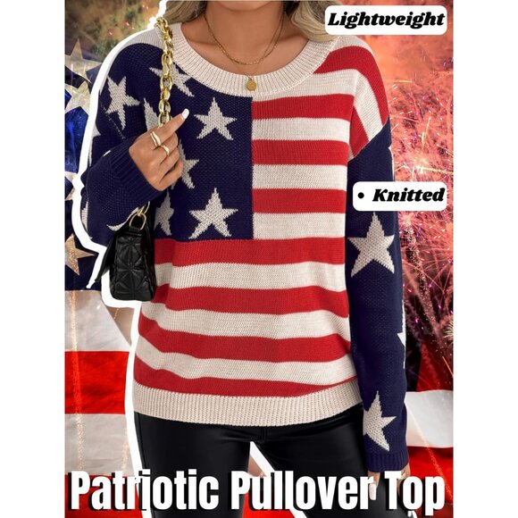 Women American Flag Sweater Long Sleeve Crew Neck Lightweight Patriotic Knit - Picture 4 of 6